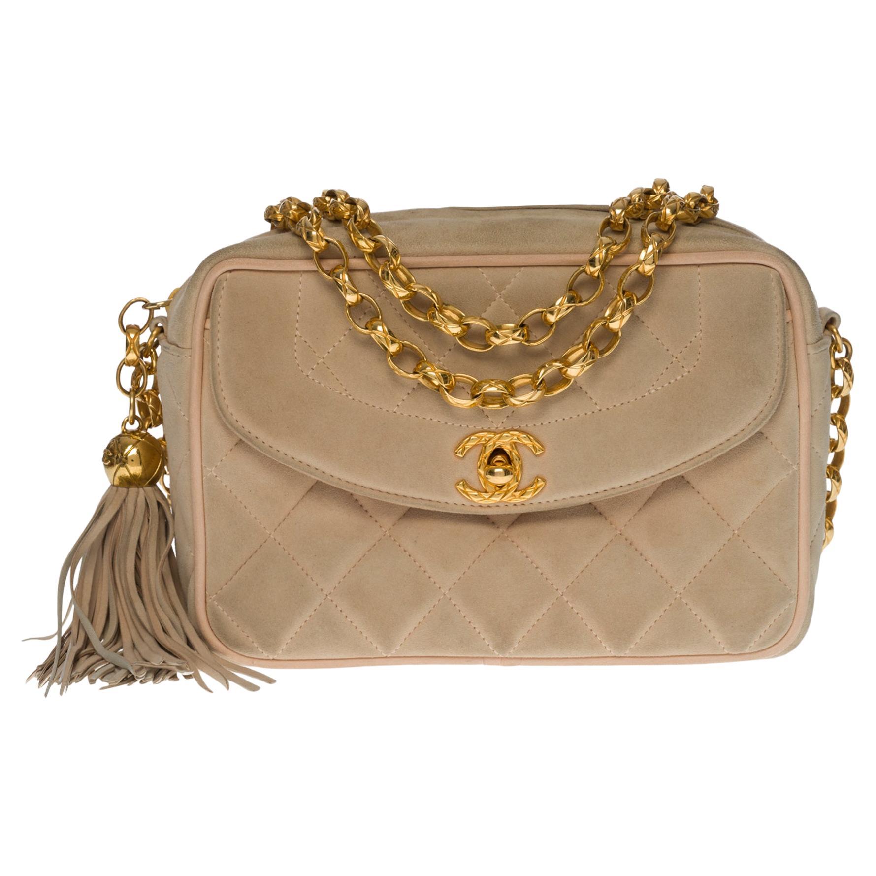 Amazing Chanel "Coco Crush" Mini Camera shoulder flap bag in beige suede, GHW