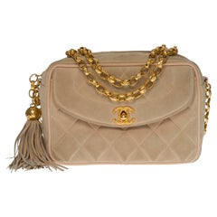 Amazing Chanel "Coco Crush" Mini Camera shoulder flap bag in beige suede,GHW