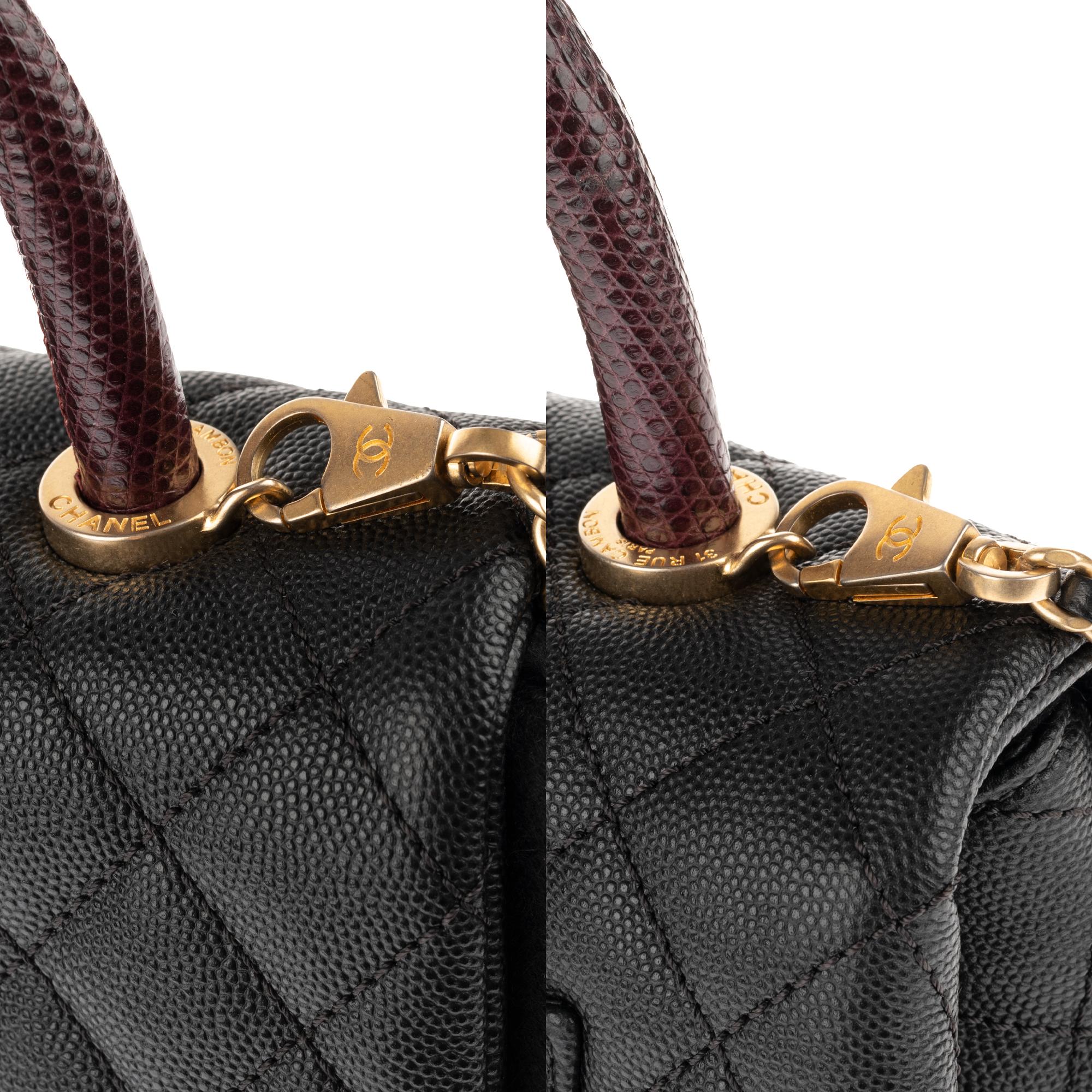 Amazing Chanel Coco handbag in black caviar leather, handle in brown lizard ! In New Condition In Paris, IDF