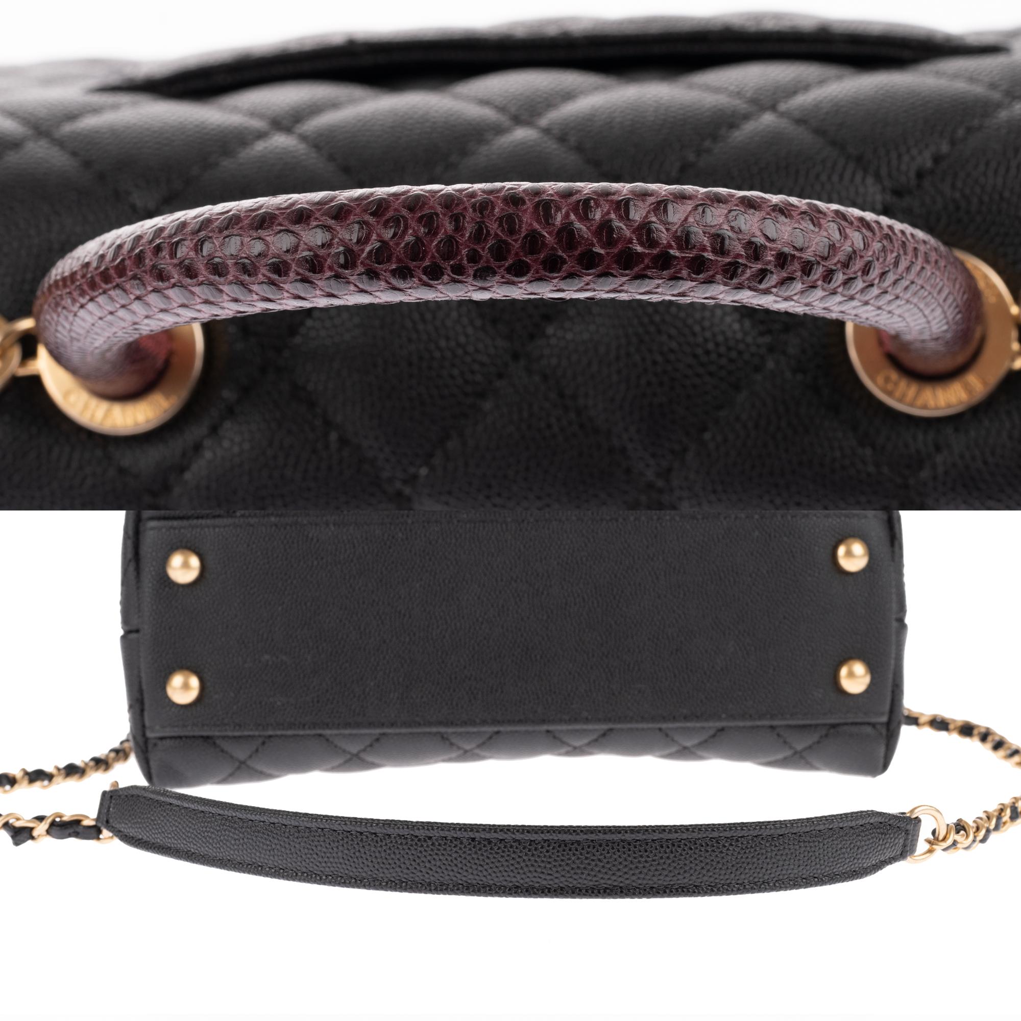 Amazing Chanel Coco handbag in black caviar leather, handle in brown lizard ! 1