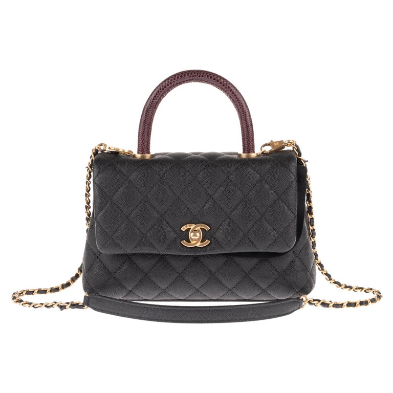 Amazing Chanel Coco handbag in black caviar leather, handle in brown lizard  ! at 1stDibs