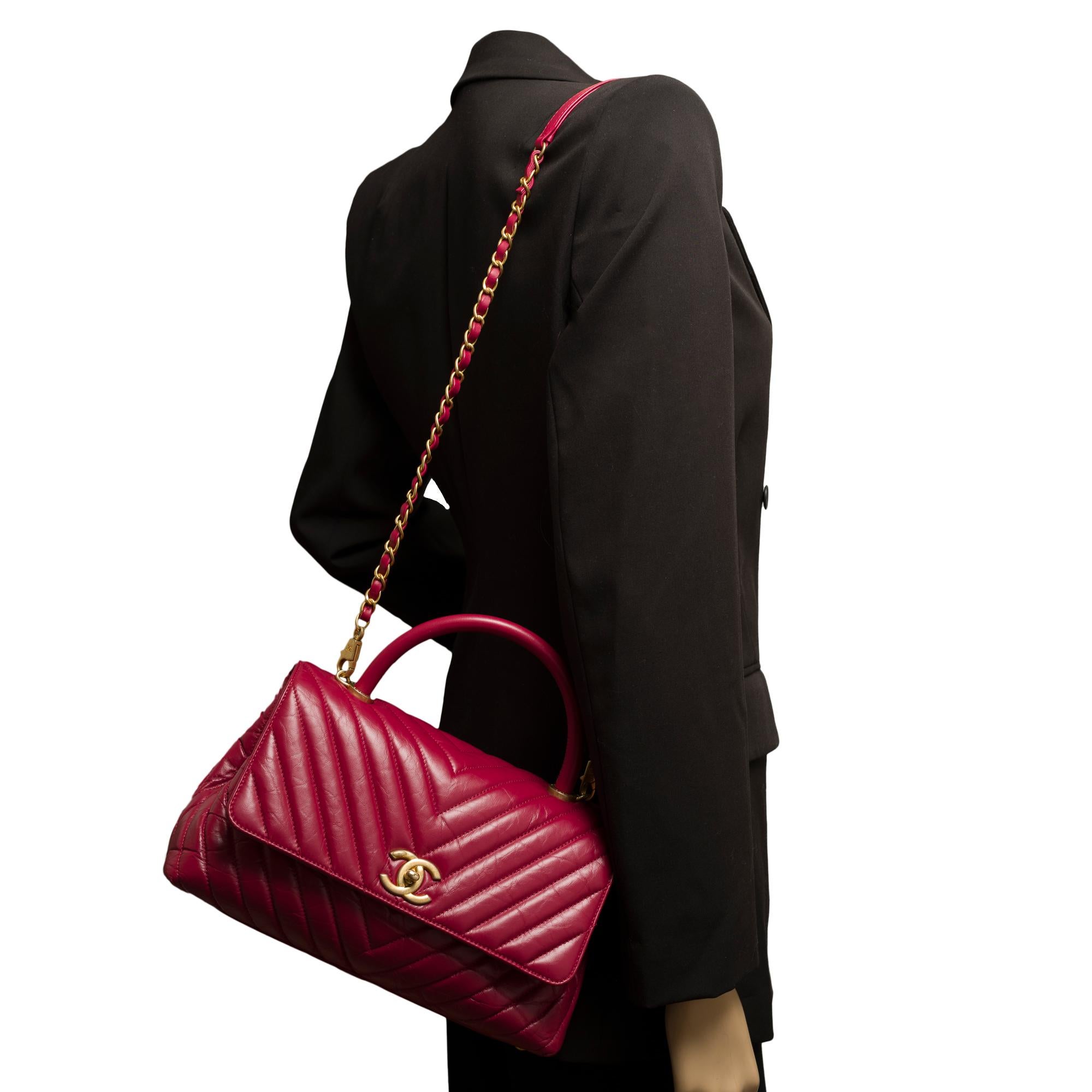 Außergewöhnliche Chanel Coco-Handtasche mit Griff aus rotem Lammfellleder, MGHW im Angebot 7