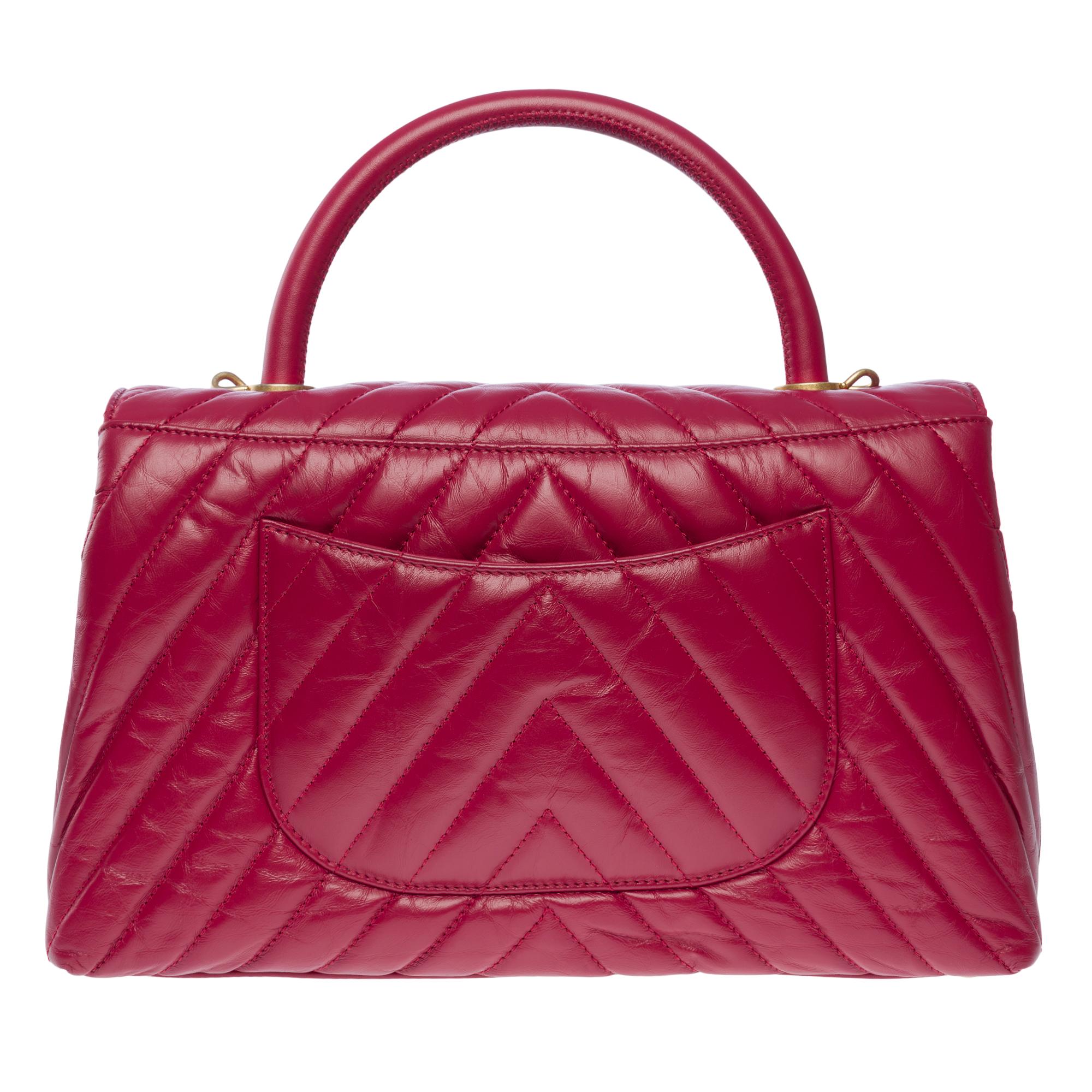 Amazing Chanel Coco handle handbag in Red lambskin leather, MGHW In Excellent Condition For Sale In Paris, IDF