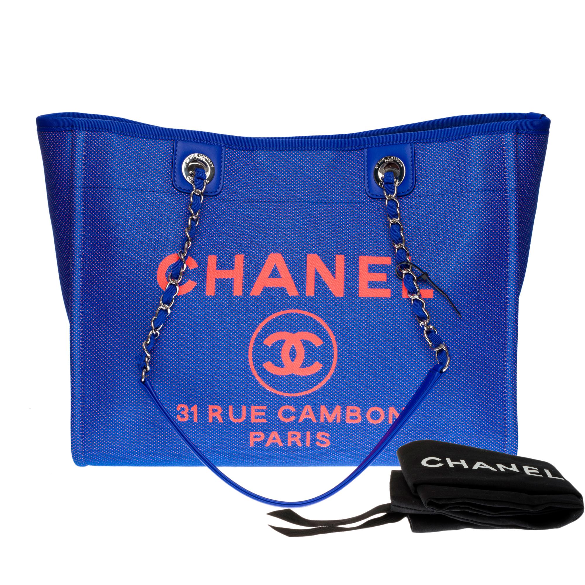 Amazing Chanel Deauville Tote bag in blue electric and orange canvas, SHW 4