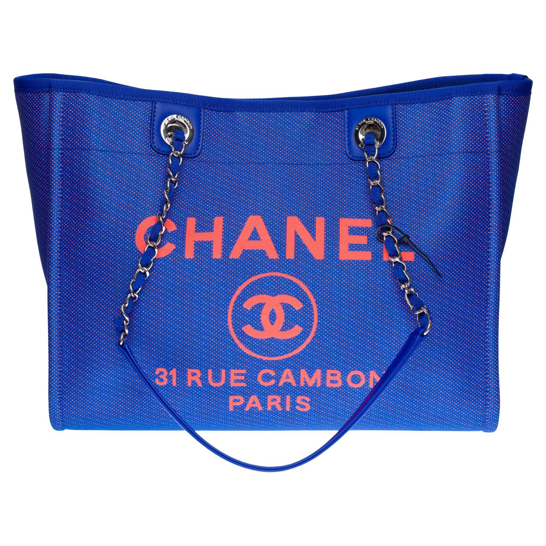 Amazing Chanel Deauville Tote bag in blue electric and orange canvas, SHW  at 1stDibs