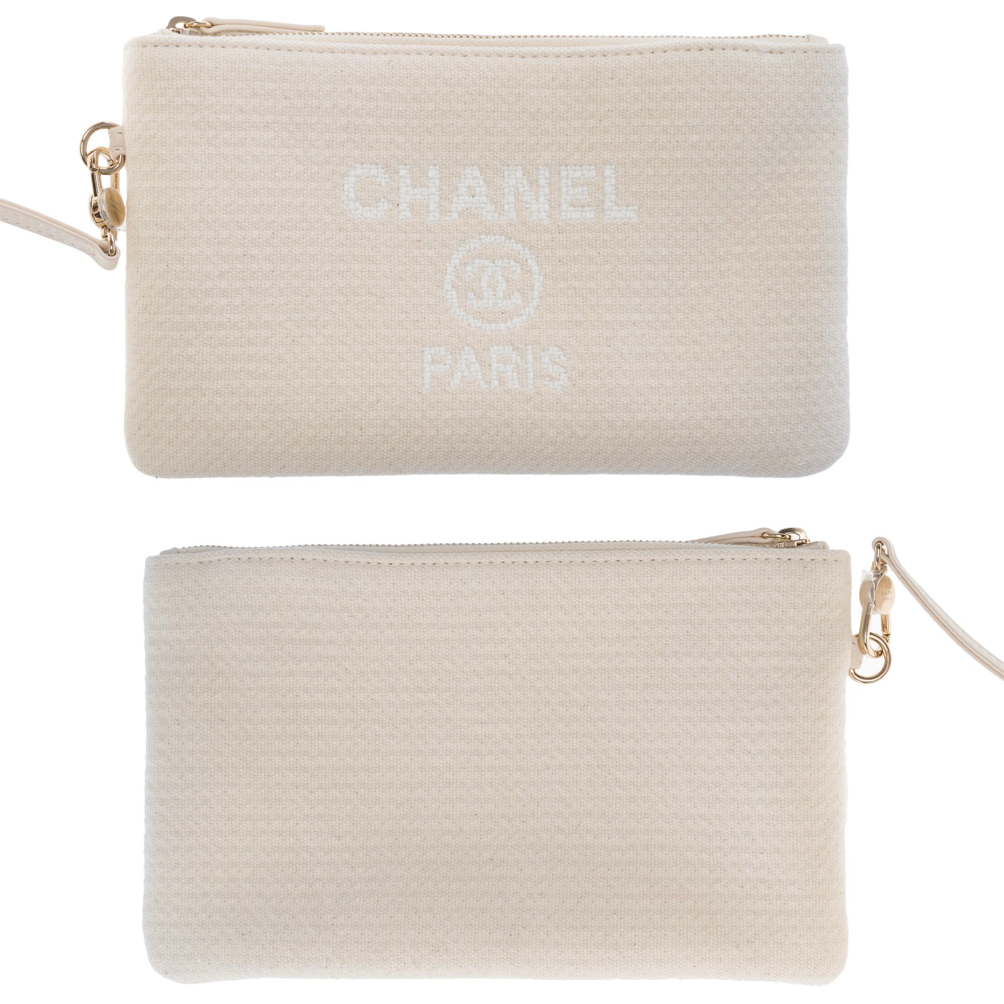 Außergewöhnliche Chanel Deauville Tragetasche aus cremefarbener weißer Leinwand, SHW im Angebot 11