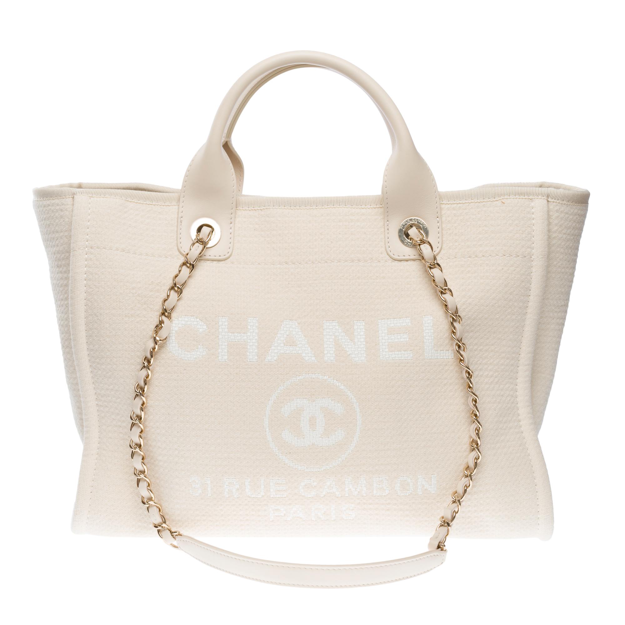 Außergewöhnliche Chanel Deauville Tragetasche aus cremefarbener weißer Leinwand, SHW Damen im Angebot