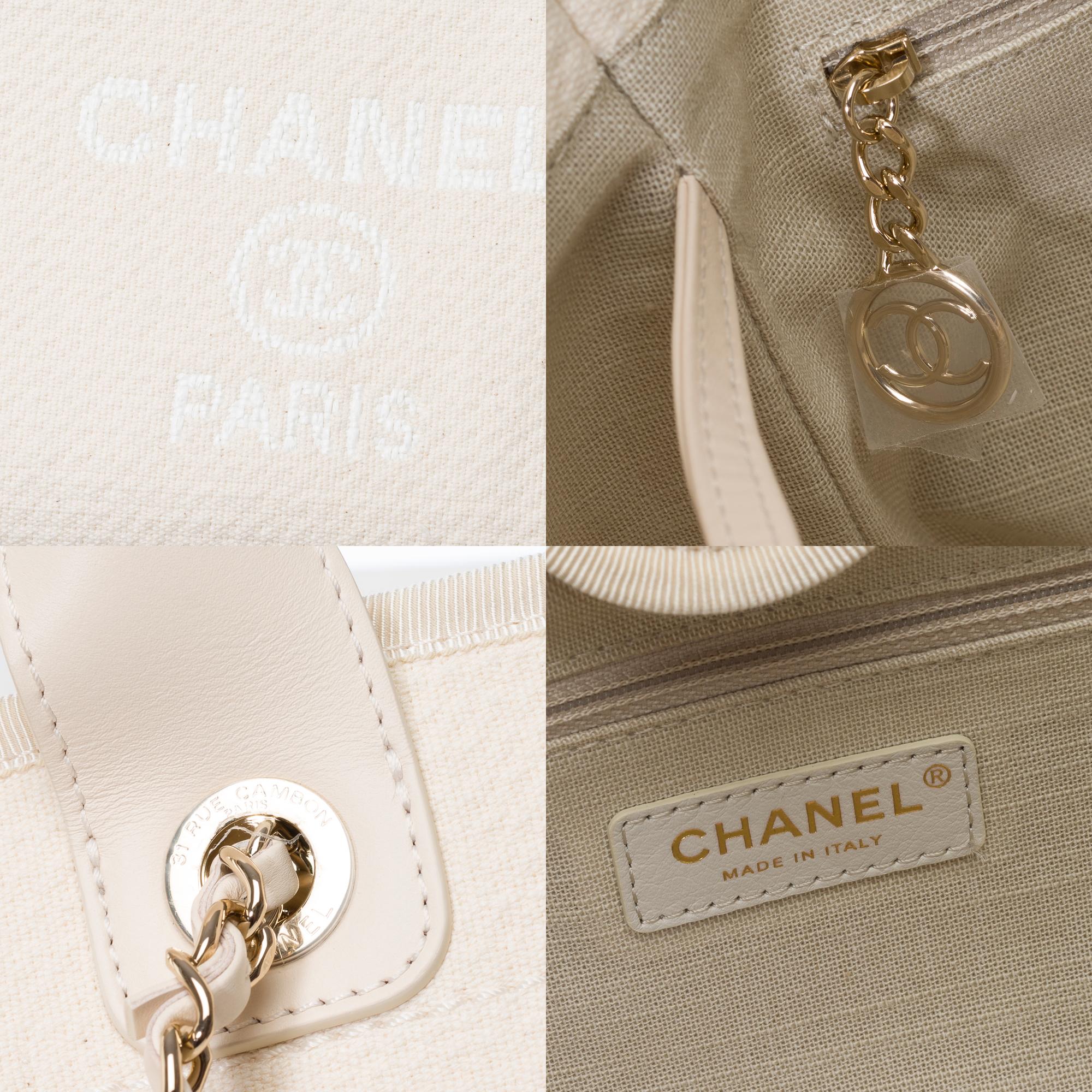 Außergewöhnliche Chanel Deauville Tragetasche aus cremefarbener weißer Leinwand, SHW im Angebot 4