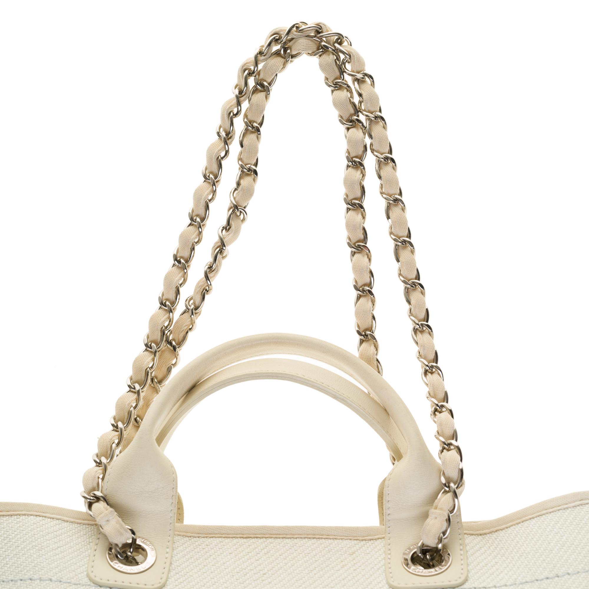 Women's Amazing Chanel Deauville Tote bag in white canvas and leather, silver hardware