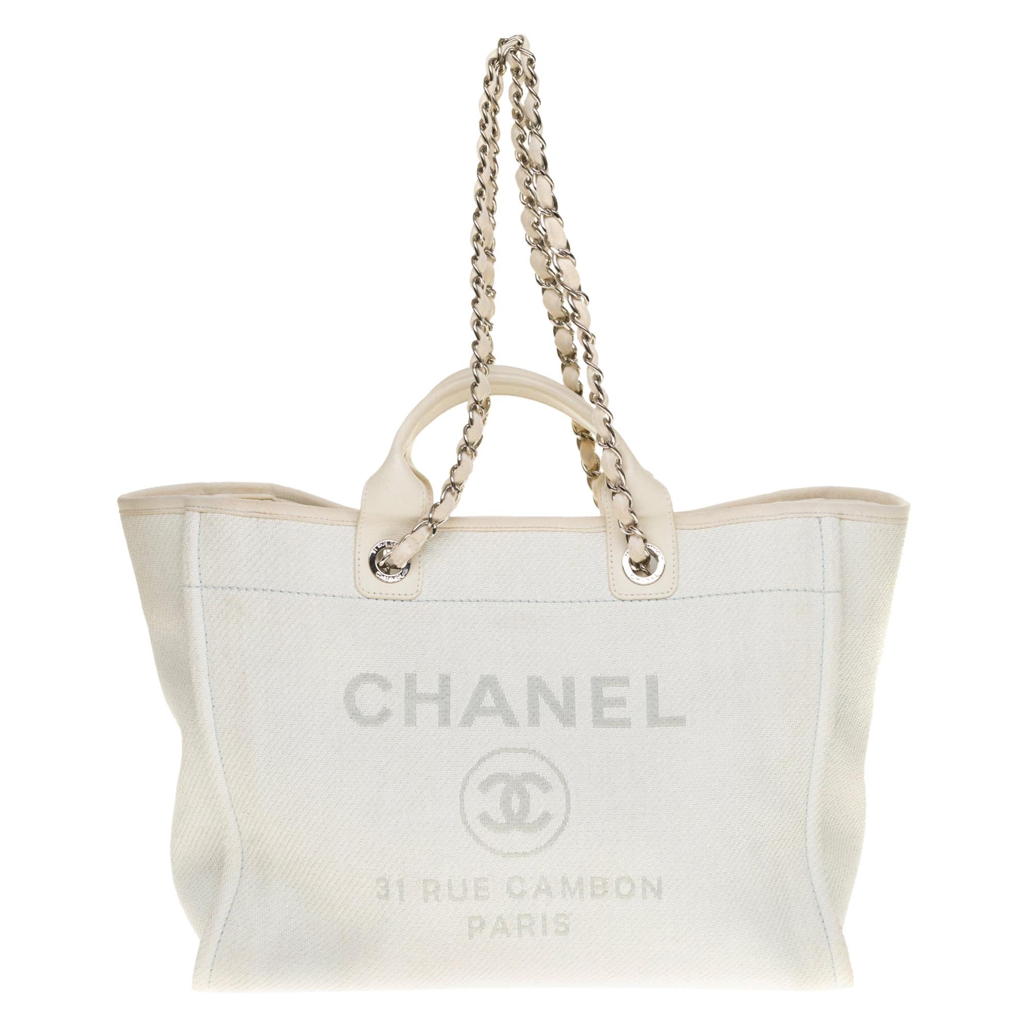 Amazing Chanel Deauville Tote bag in white canvas and leather, silver  hardware