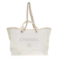 Used Amazing Chanel Deauville Tote bag in white canvas and leather, silver hardware