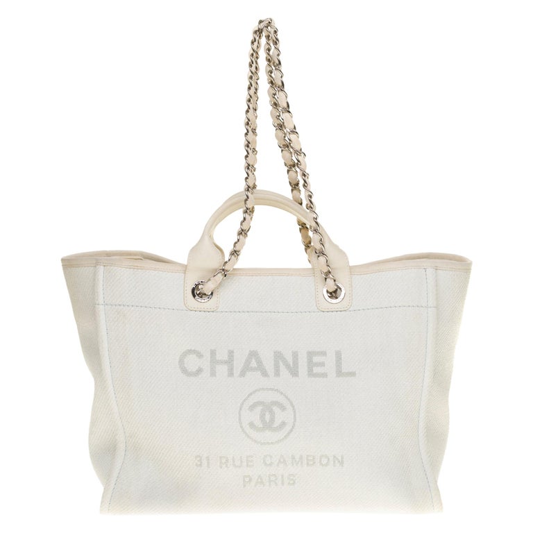 Amazing Chanel Deauville Tote bag in white canvas and leather, silver  hardware at 1stDibs | white chanel deauville tote, chanel deauville tote  white, chanel white canvas tote