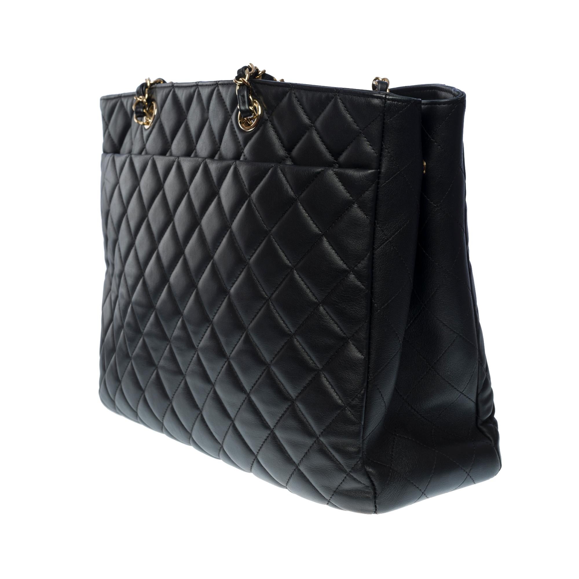 Amazing Chanel Grand Shopping Tote bag in black quilted lambskin leather, SHW 1