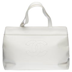 Amazing Chanel Grand Shopping Tote bag in white grained leather