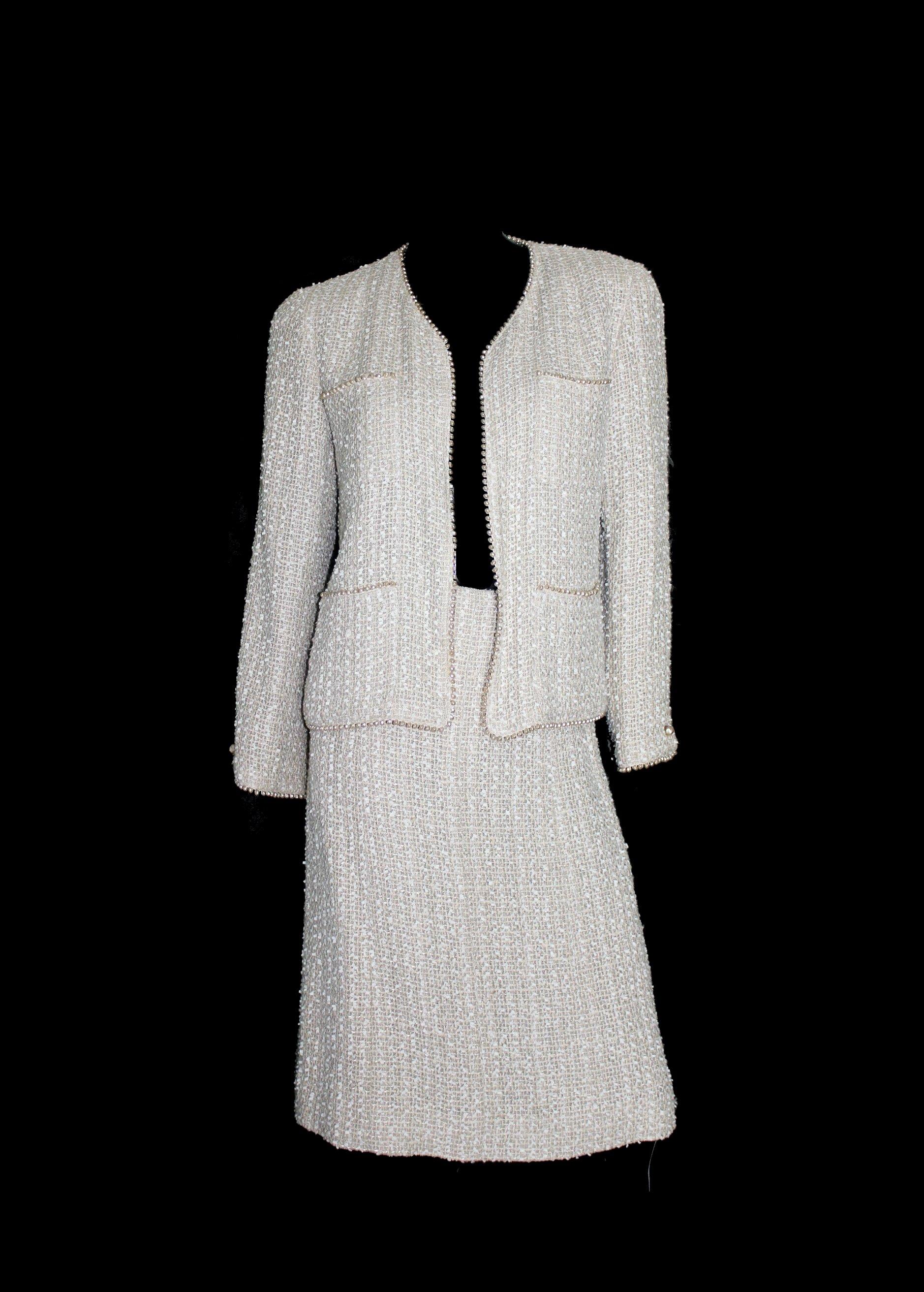 Gray Amazing Chanel Ivory Fantasy Tweed Skirt Suit with Pearl Trimming Details