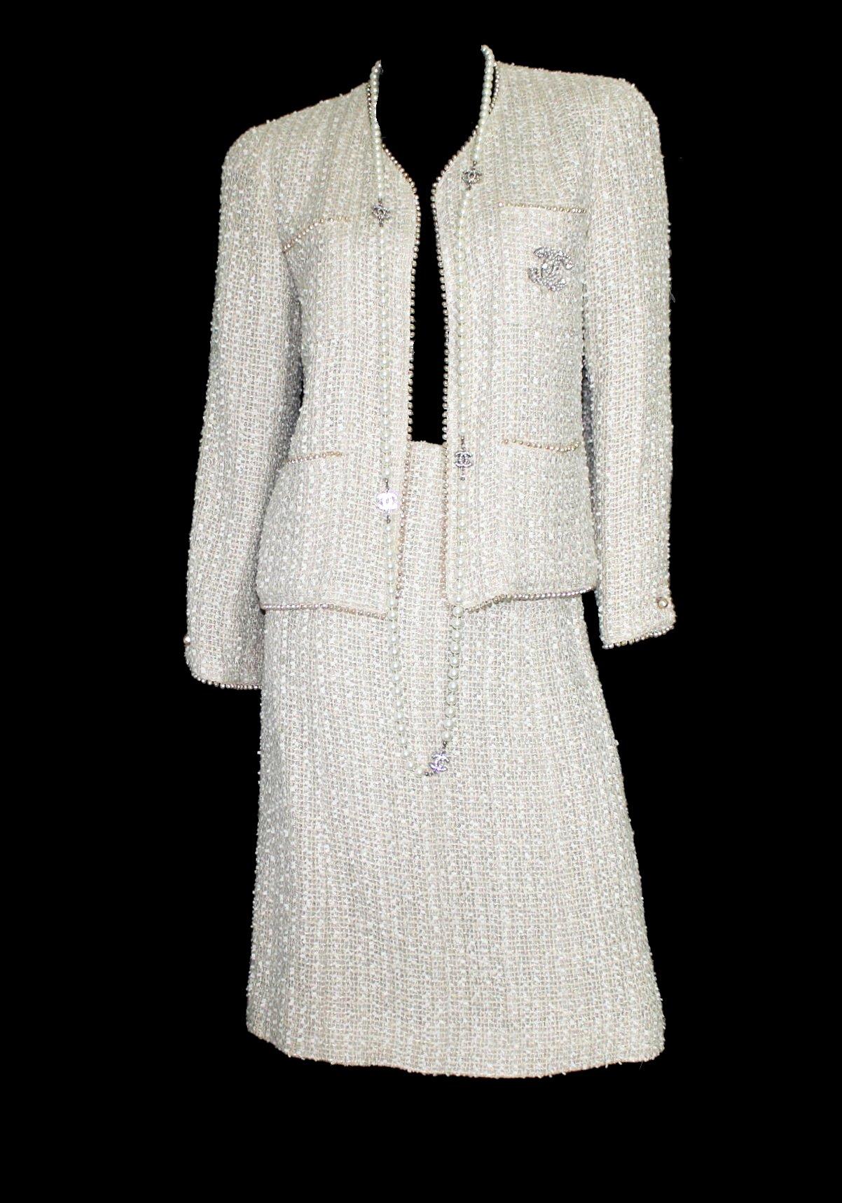 Women's Amazing Chanel Ivory Fantasy Tweed Skirt Suit with Pearl Trimming Details