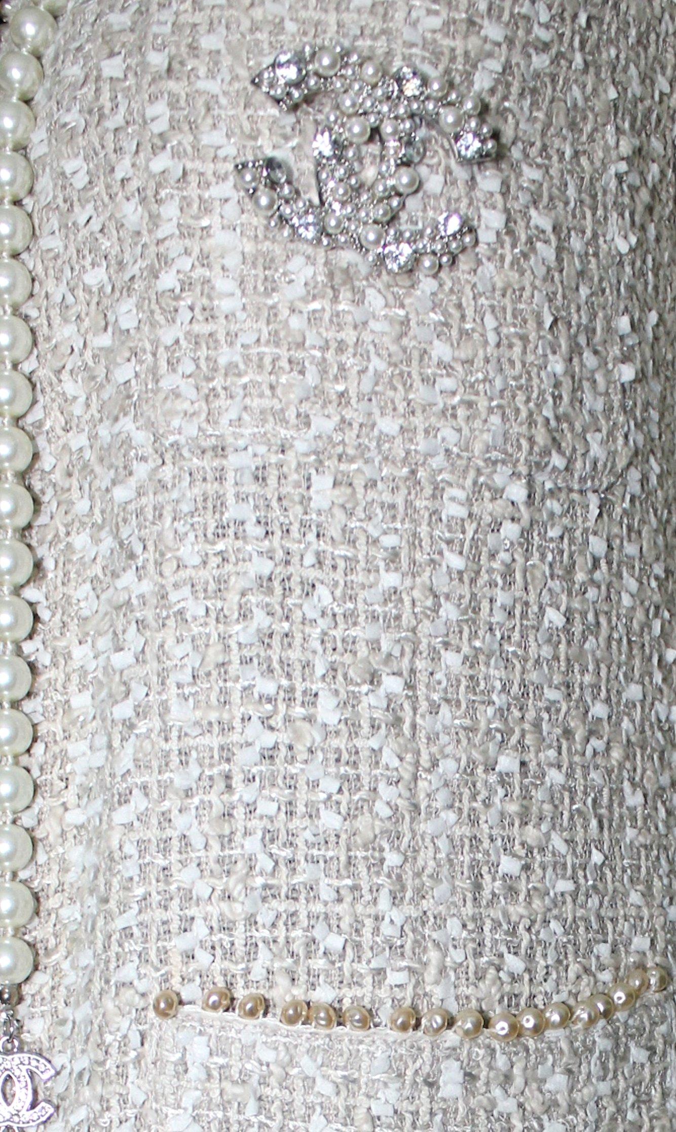 Amazing Chanel Ivory Fantasy Tweed Skirt Suit with Pearl Trimming Details 2