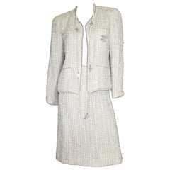 Amazing Chanel Ivory Fantasy Tweed Skirt Suit with Pearl Trimming Details