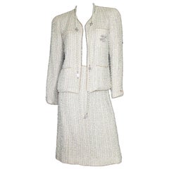 Amazing Chanel Ivory Fantasy Tweed Skirt Suit with Pearl Trimming Details