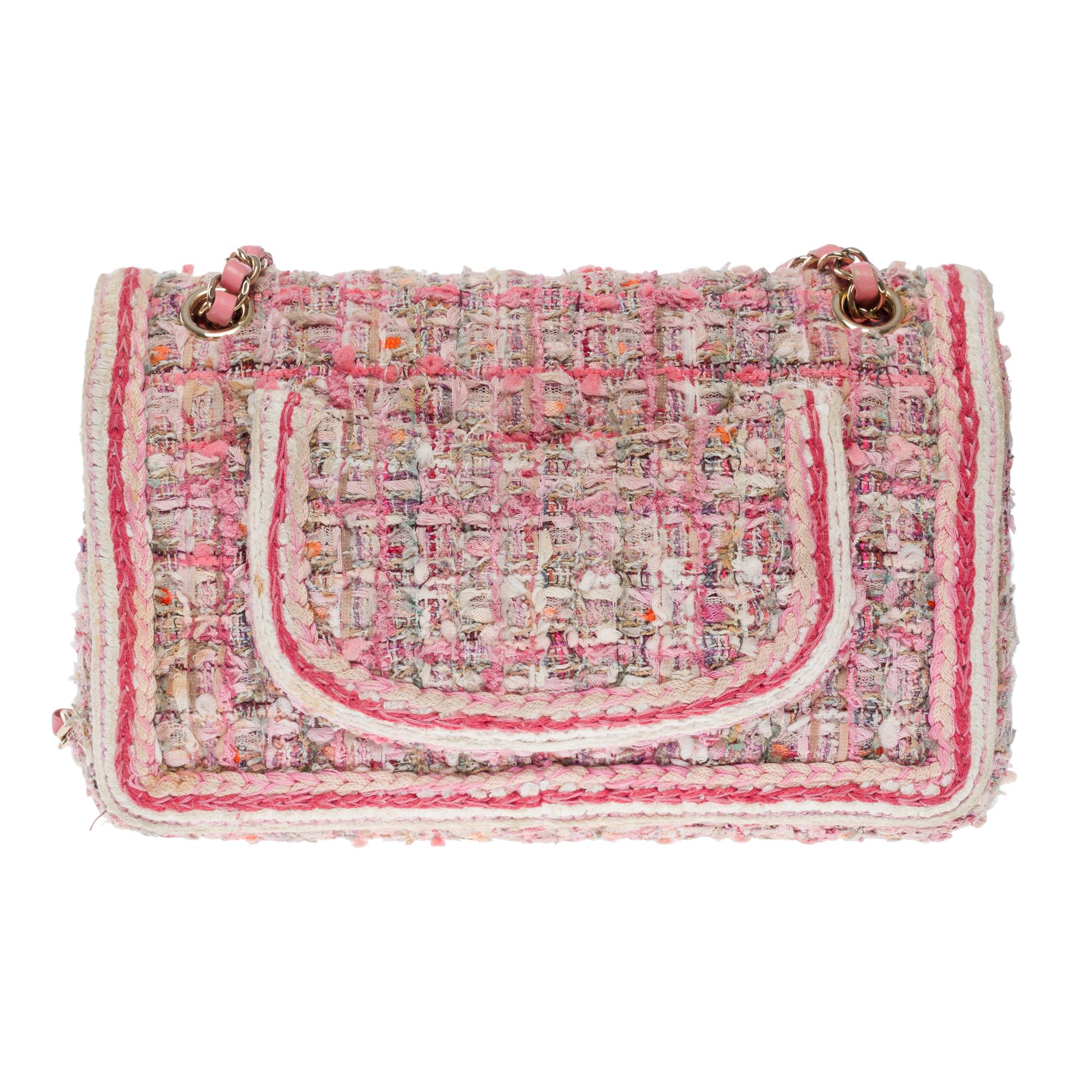Amazing Chanel Timeless double flap shoulder bag in Pink Quilted Tweed, CHW In Good Condition In Paris, IDF