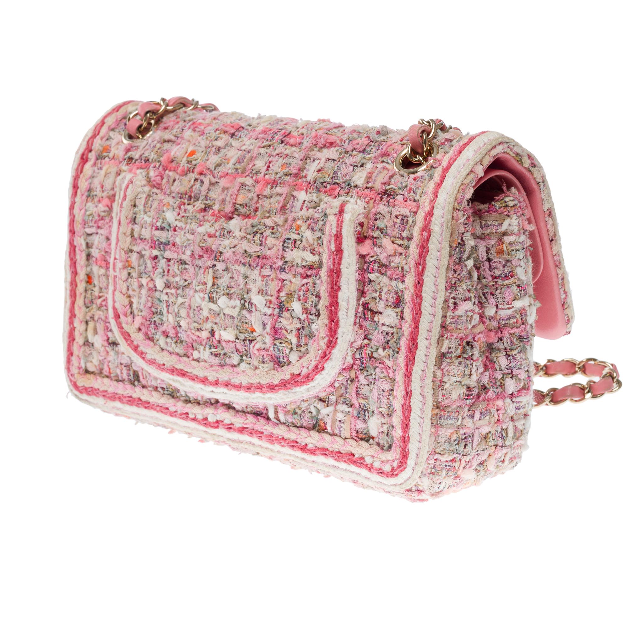 Amazing Chanel Timeless double flap shoulder bag in Pink Quilted Tweed, CHW 1