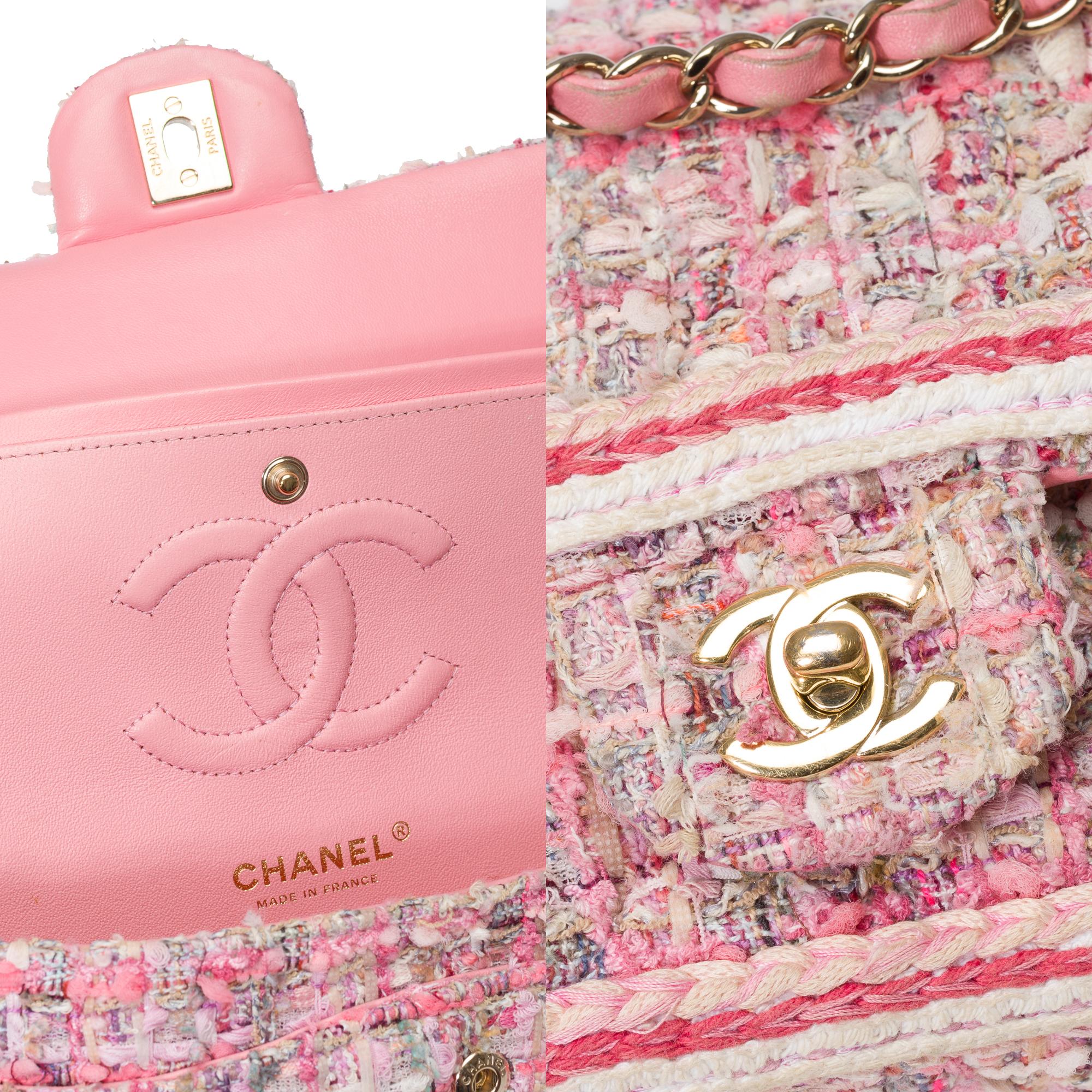 Amazing Chanel Timeless double flap shoulder bag in Pink Quilted Tweed, CHW 2
