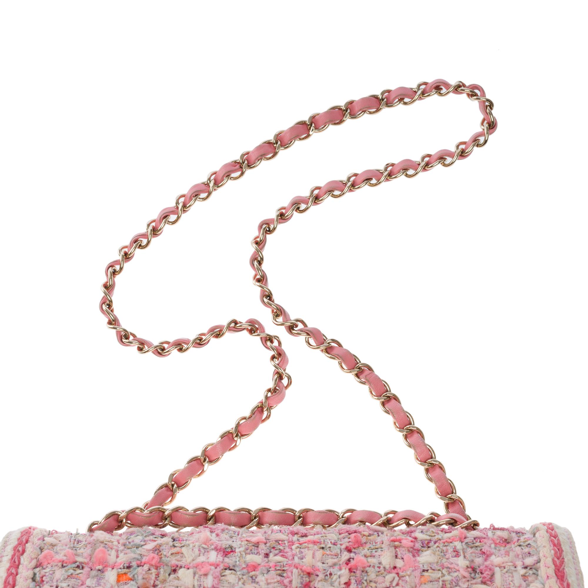 Amazing Chanel Timeless double flap shoulder bag in Pink Quilted Tweed, CHW 5
