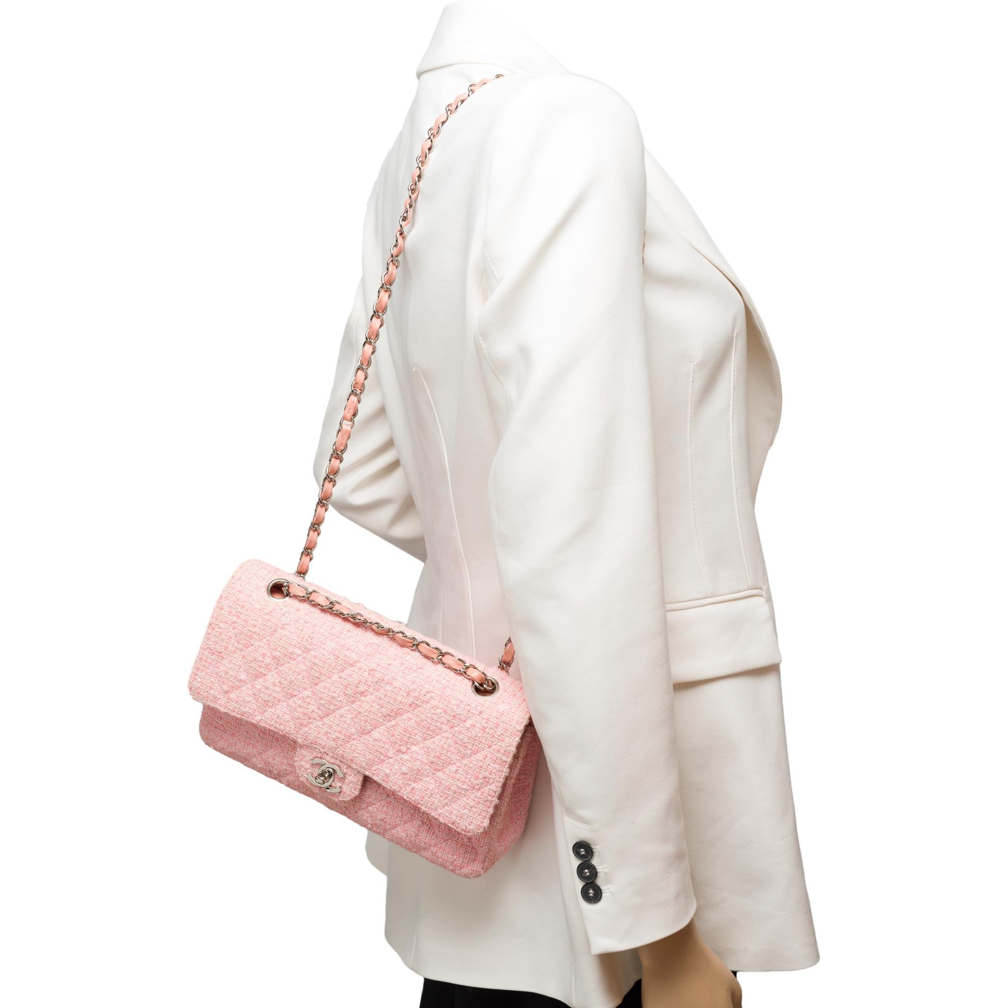 Amazing Chanel Timeless double flap shoulder bag in Pink Quilted Tweed, SHW 9