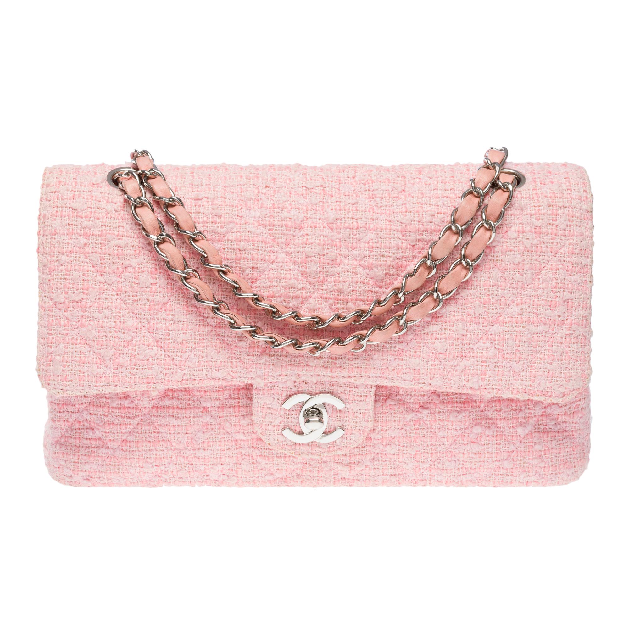 Amazing Chanel Timeless double flap shoulder bag in Pink Quilted Tweed, SHW In Good Condition In Paris, IDF