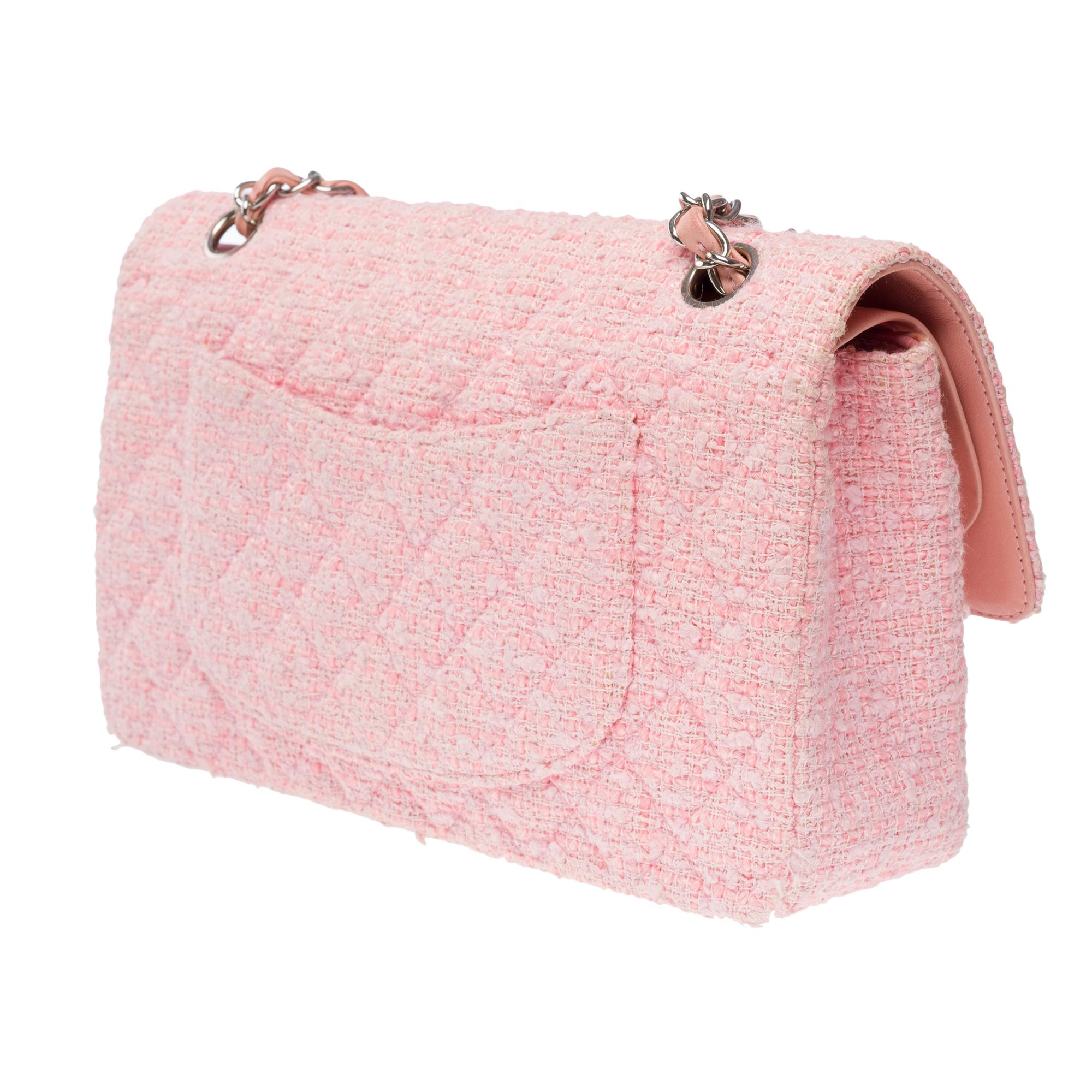 Amazing Chanel Timeless double flap shoulder bag in Pink Quilted Tweed, SHW 2