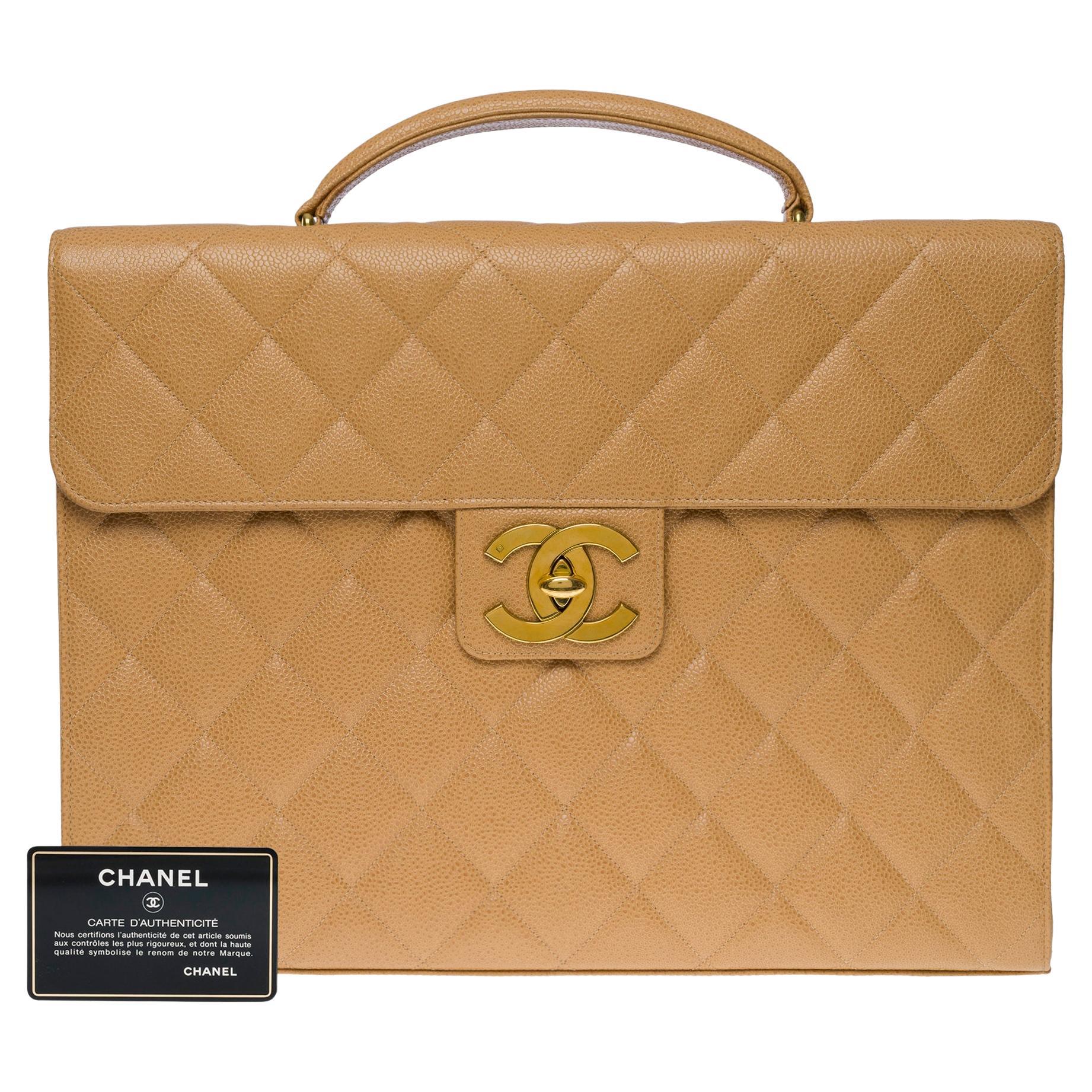 Außergewöhnliches Chanel Vintage Aktentasche aus beigem Kaviarleder, GHW im Angebot