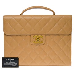 Amazing Chanel vintage Briefcase in beige caviar leather, GHW