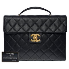 Amazing Chanel vintage Briefcase in black caviar leather, GHW