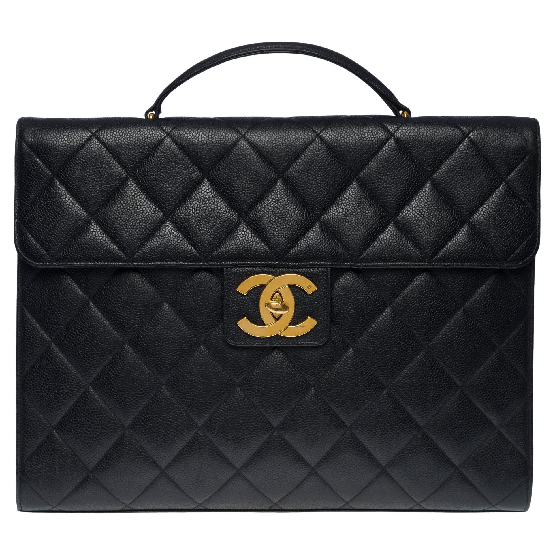 Amazing Chanel vintage Briefcase in black caviar leather, GHW