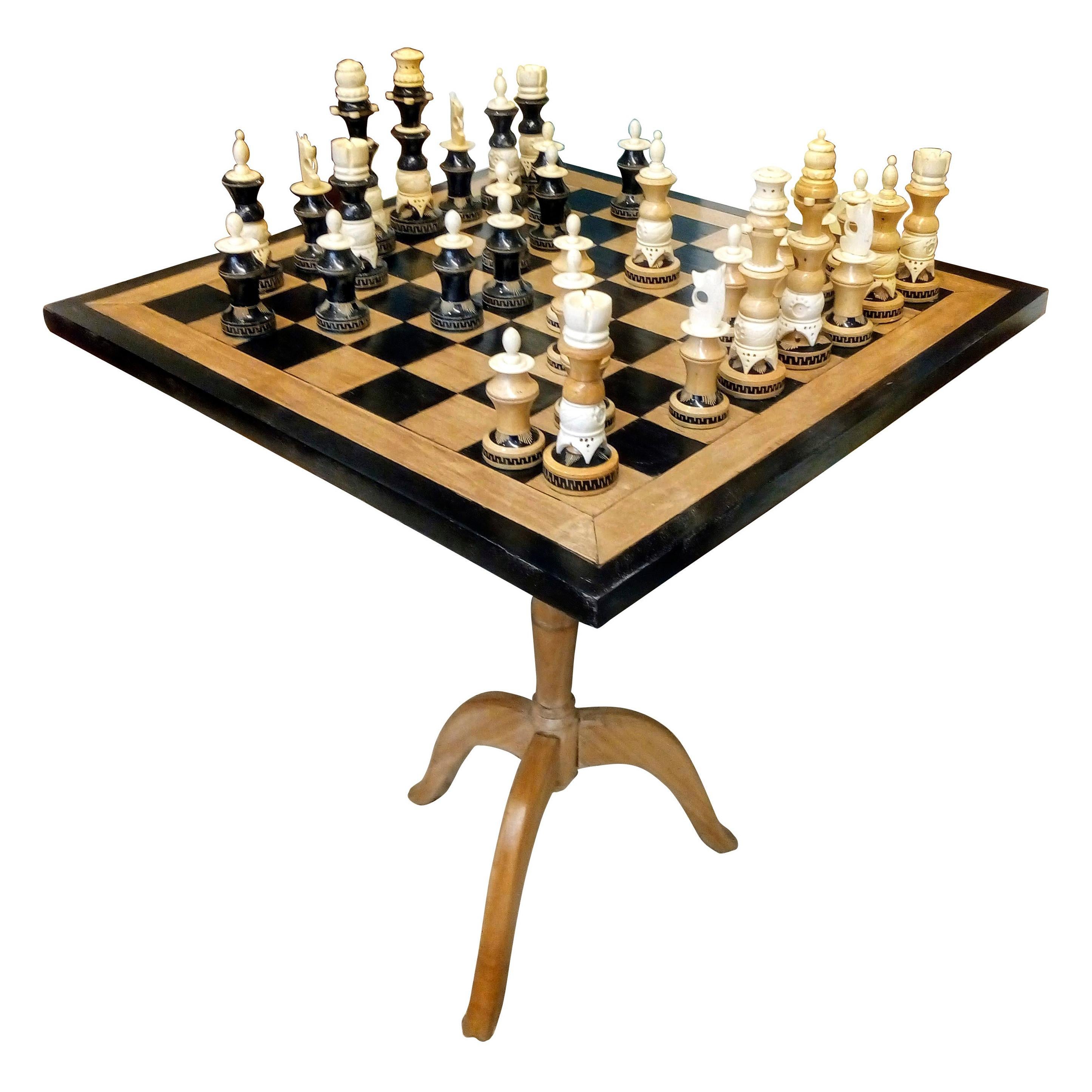 Amazing Chess Set of Handcrafted Wood and Bone Pieces with Table and Board