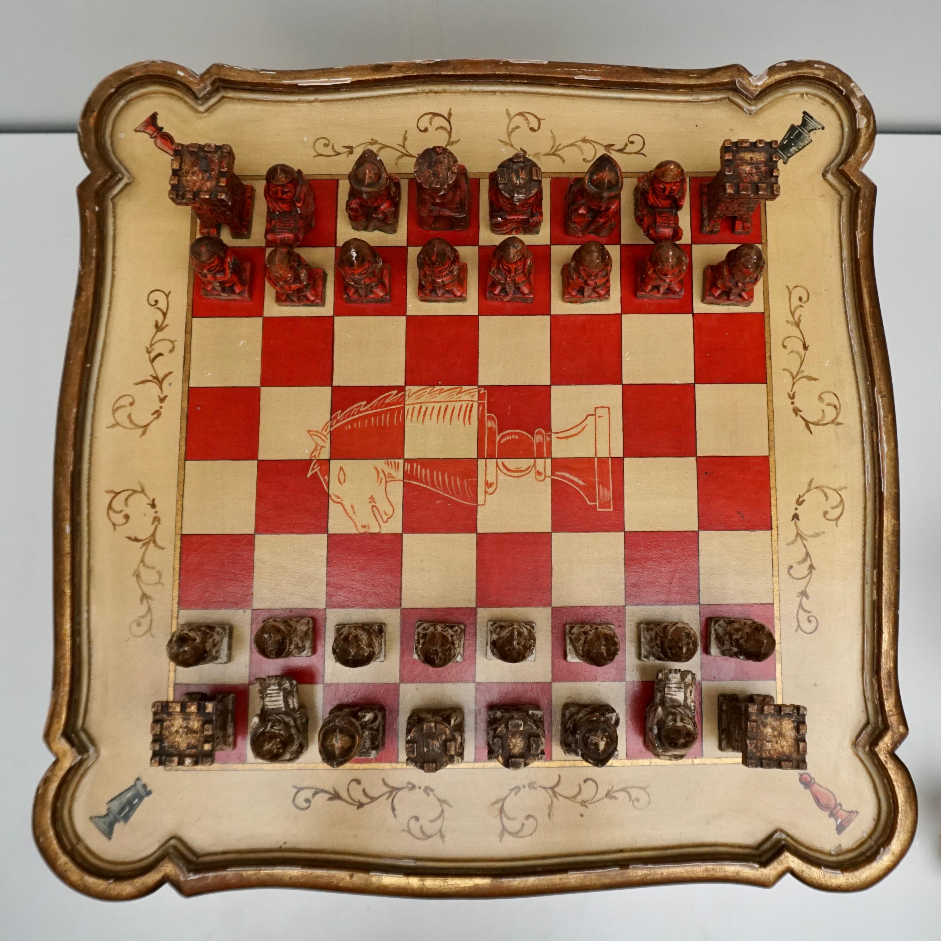 Games Chess Set of Handcrafted and Painted Wood Pieces with Table and Board For Sale 1