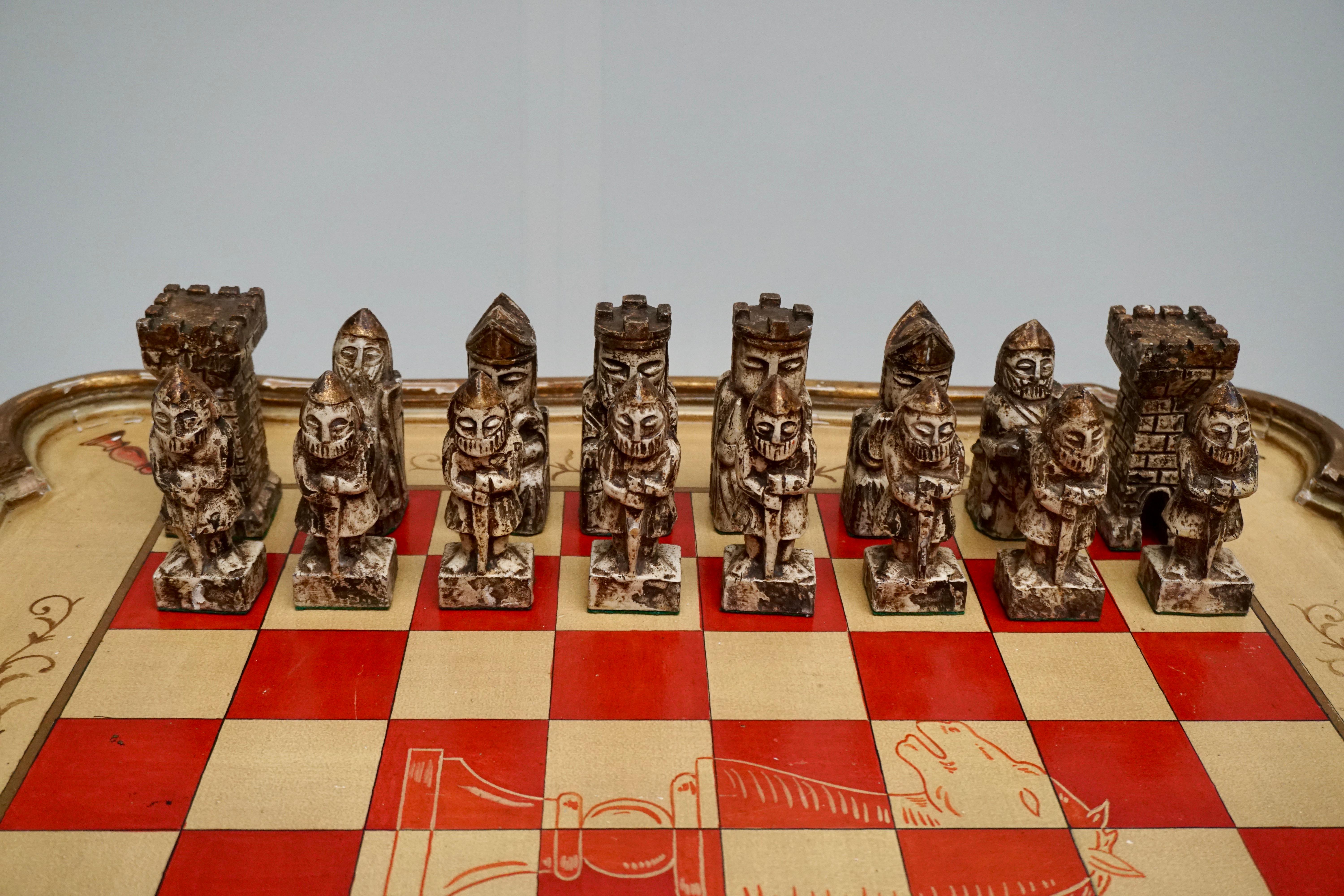 Games Chess Set of Handcrafted and Painted Wood Pieces with Table and Board For Sale 4