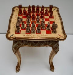 Games Chess Set of Handcrafted and Painted Wood Pieces with Table and Board
