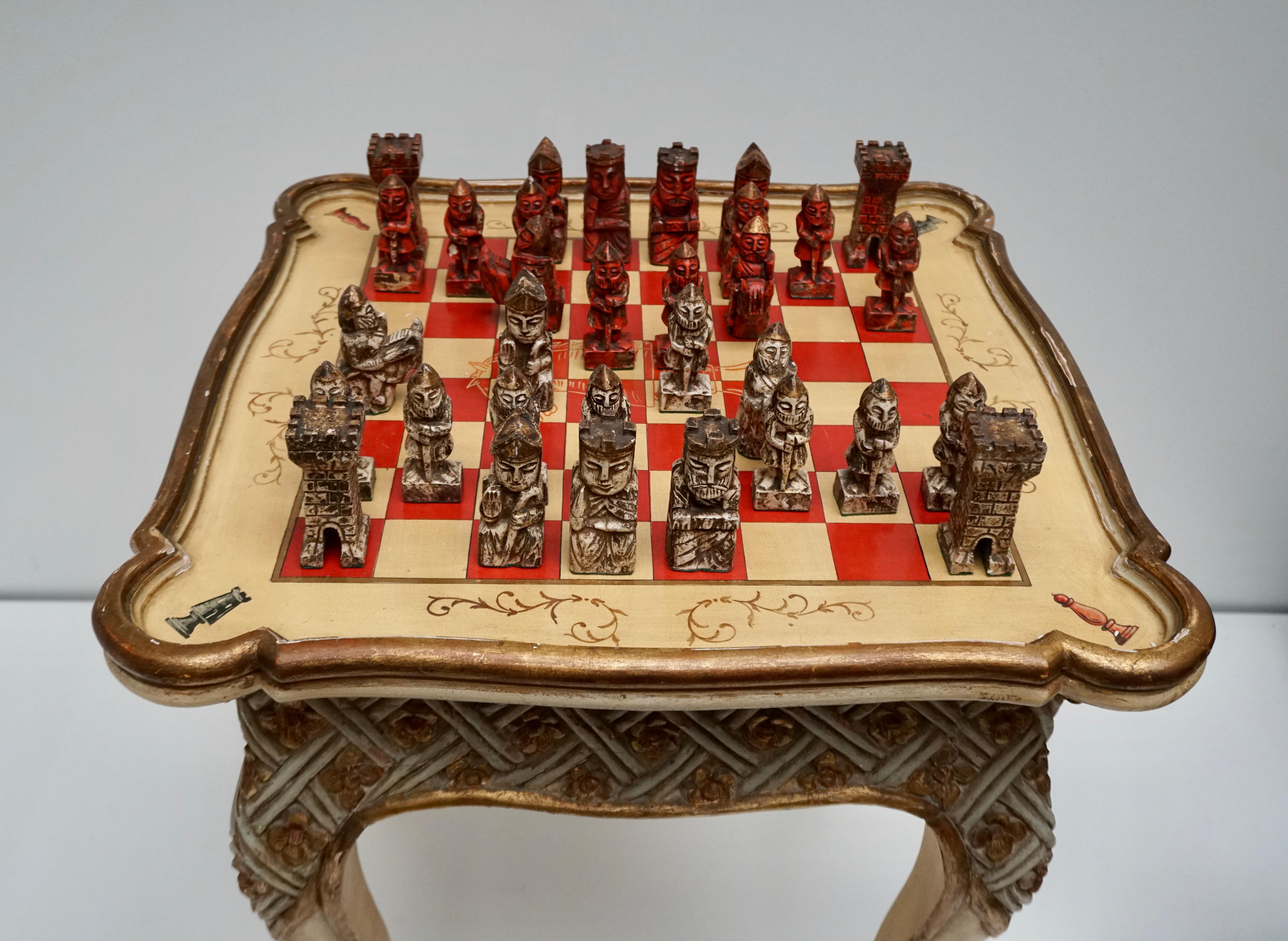 Hollywood Regency Games Chess Set of Handcrafted and Painted Wood Pieces with Table and Board For Sale