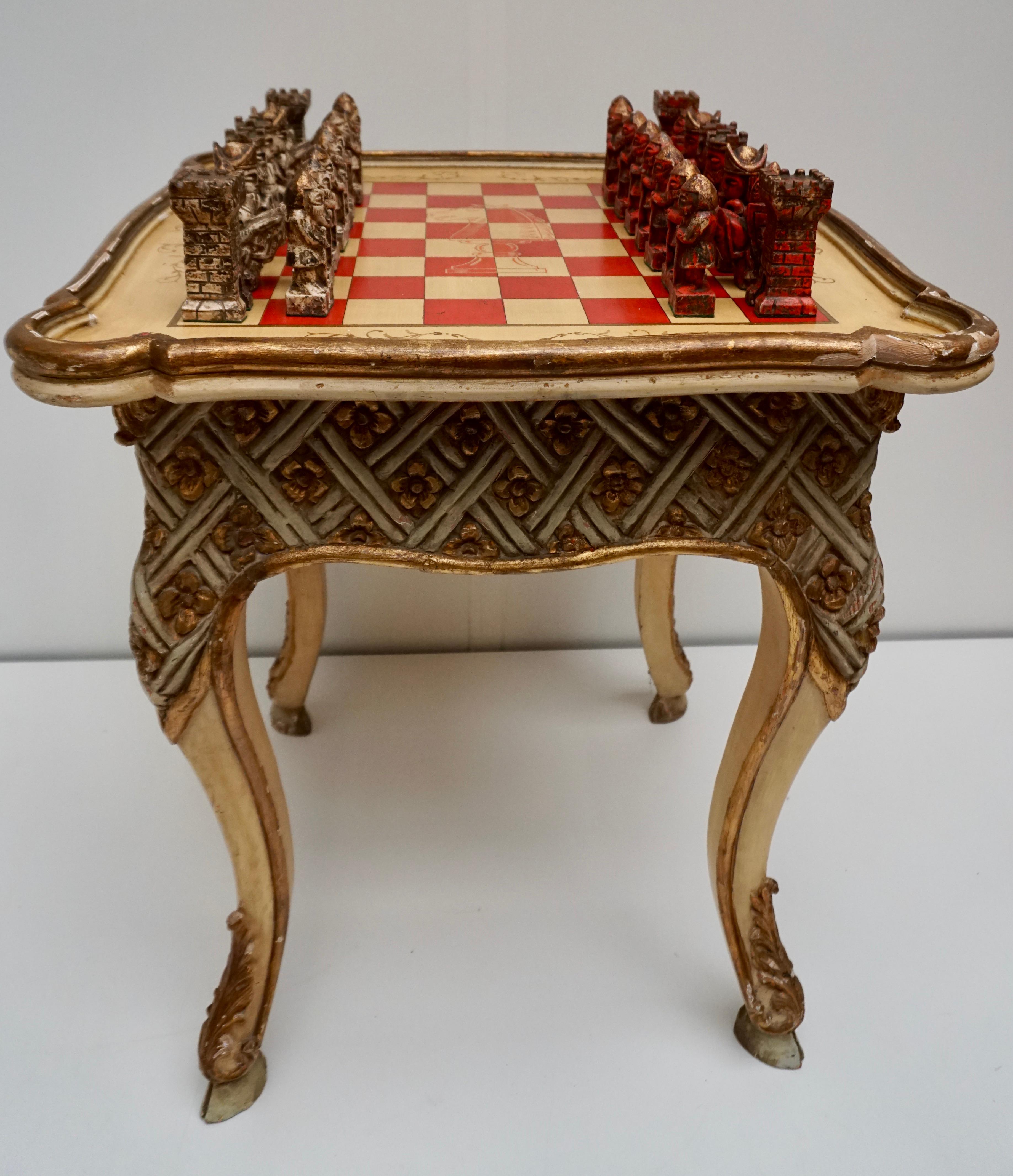 Italian Games Chess Set of Handcrafted and Painted Wood Pieces with Table and Board For Sale