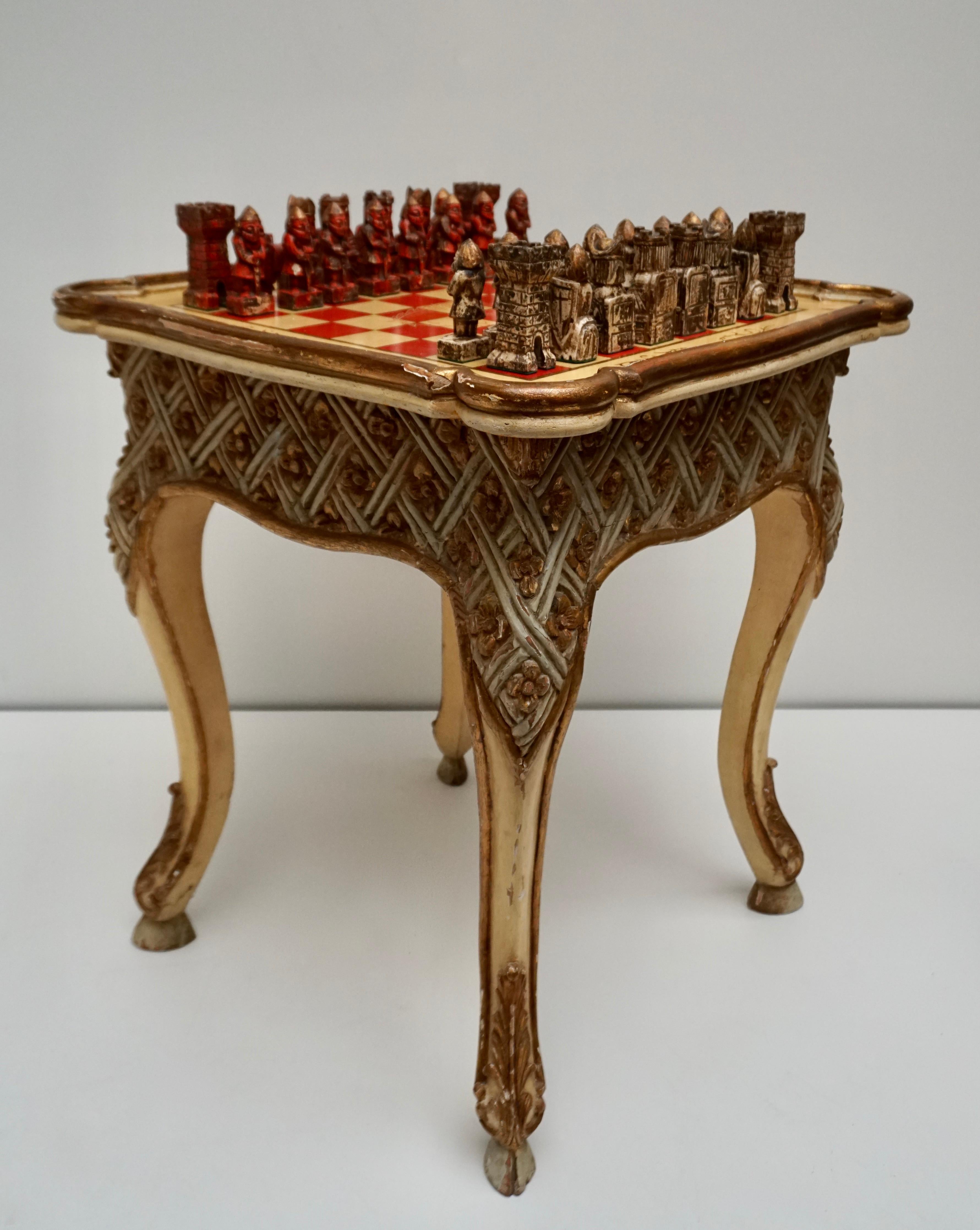 Hand-Carved Games Chess Set of Handcrafted and Painted Wood Pieces with Table and Board For Sale