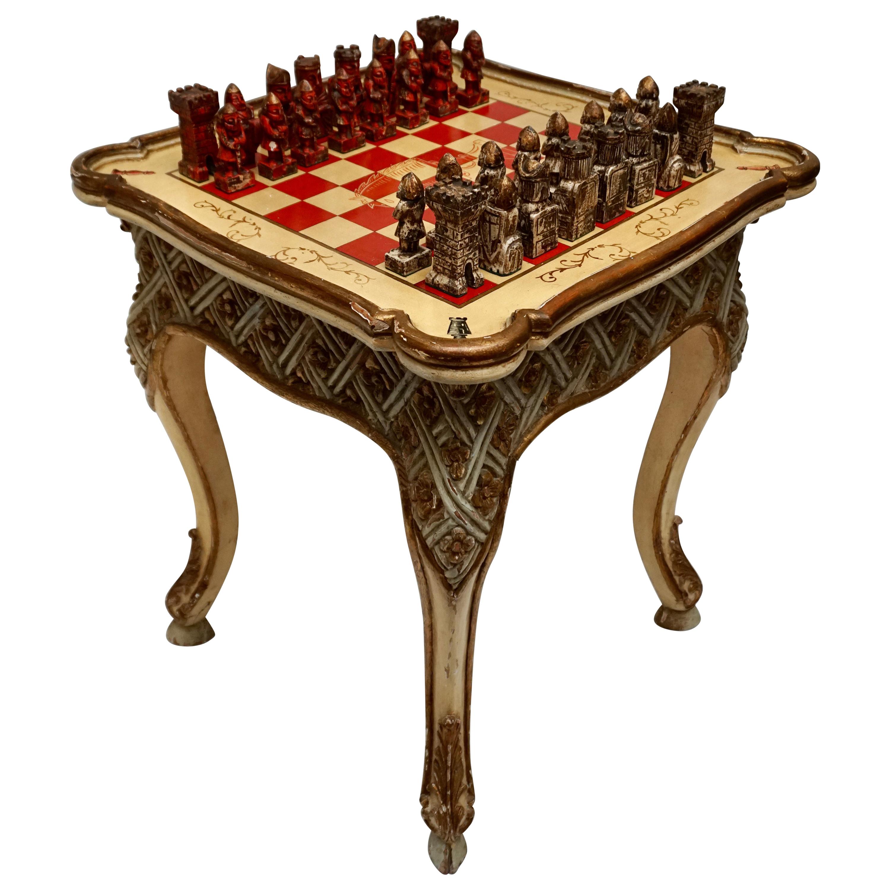 Games Chess Set of Handcrafted and Painted Wood Pieces with Table and Board  For Sale at 1stDibs