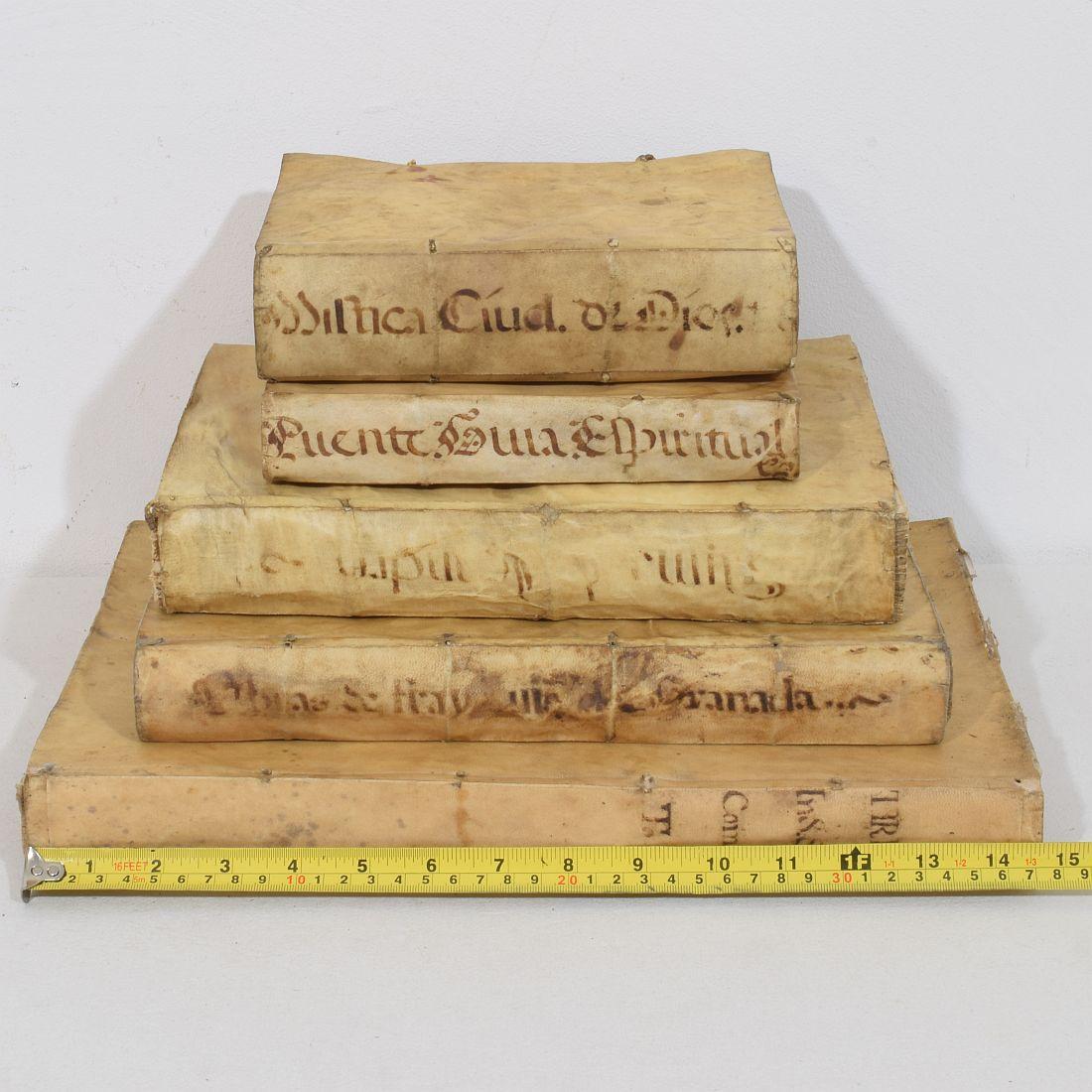 Amazing collection of 5 extremely weathered vellum books, Spain/Italy 17th/ 18th century. 
Weathered and small losses and old repairs.
More photo's available on request
H:20-38cm  W:3-5,5cm D:15,5-26cm 