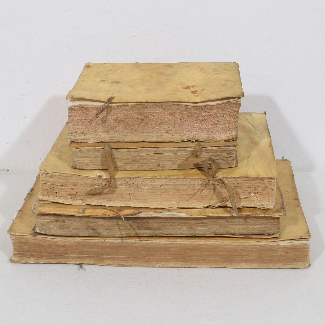 Amazing Collection of 17th / 18th Century Weathered Vellum Books In Fair Condition For Sale In Buisson, FR