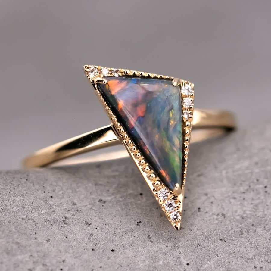 Arts and Crafts Amazing Color Triangle Black Opal Diamond Engagement Ring 18K Yellow Gold For Sale