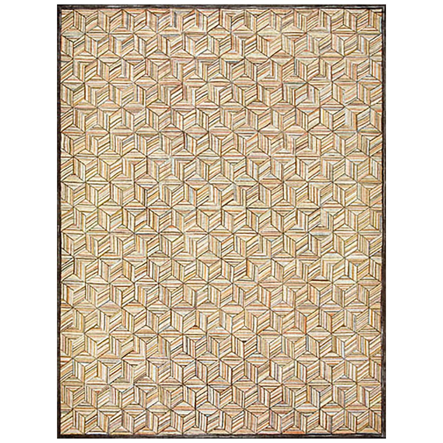 Amazing Colorful Treedimensional Square Pattern Contemporary American Hooked Rug