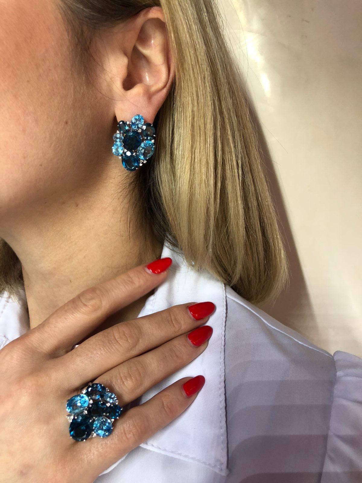 Women's Amazing Combination London Blue Topaz White Diamond White Gold 18 Karat Earrings For Sale