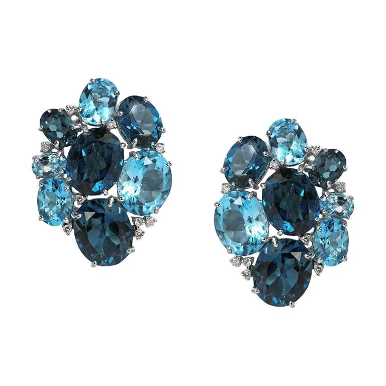 Amazing Combination London Blue Topaz White Diamond White Gold 18 Karat Earrings For Sale
