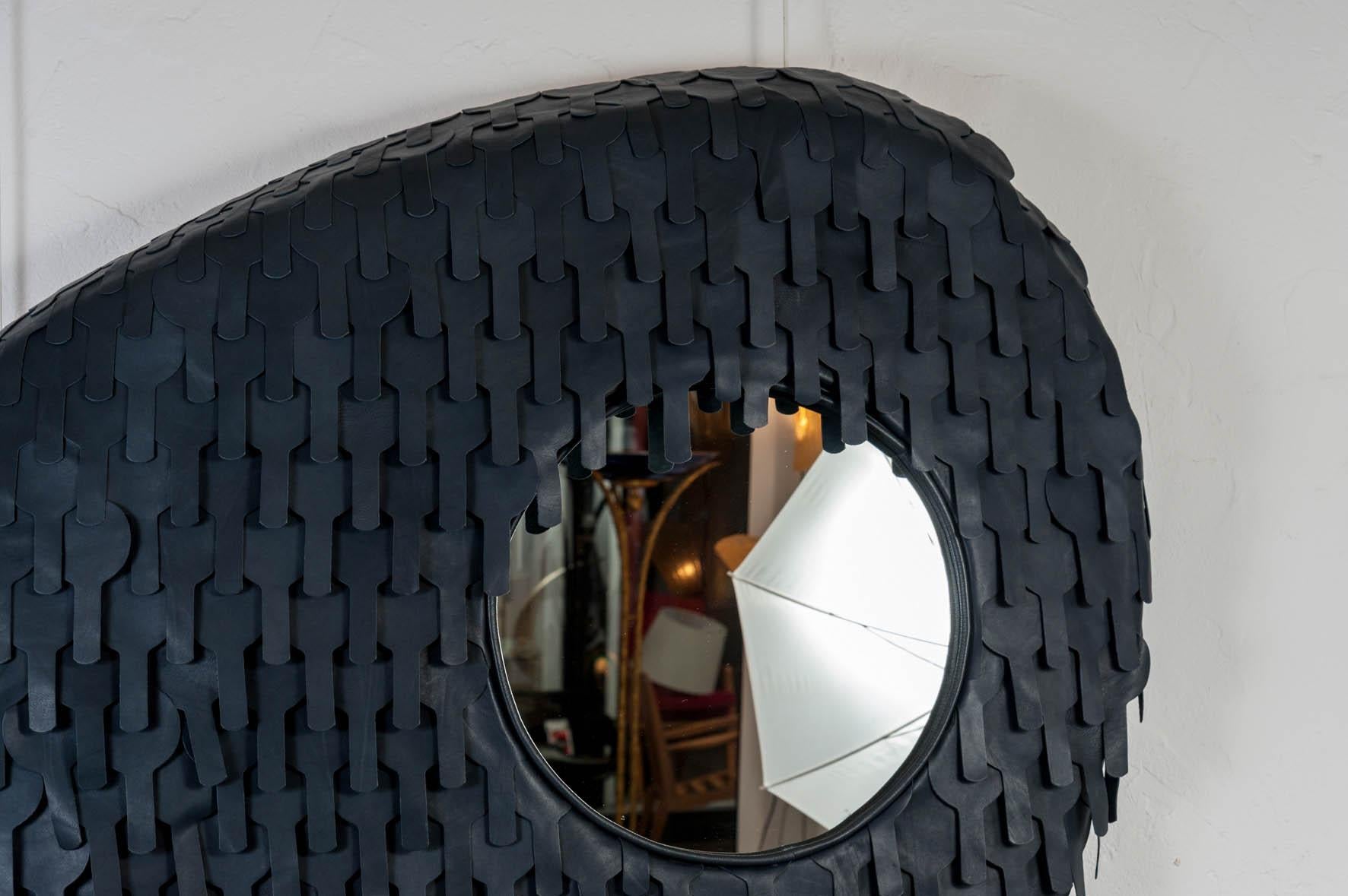 French Amazing Contemporary Mirror All Covered with Leather for Regis Royant Gallery For Sale