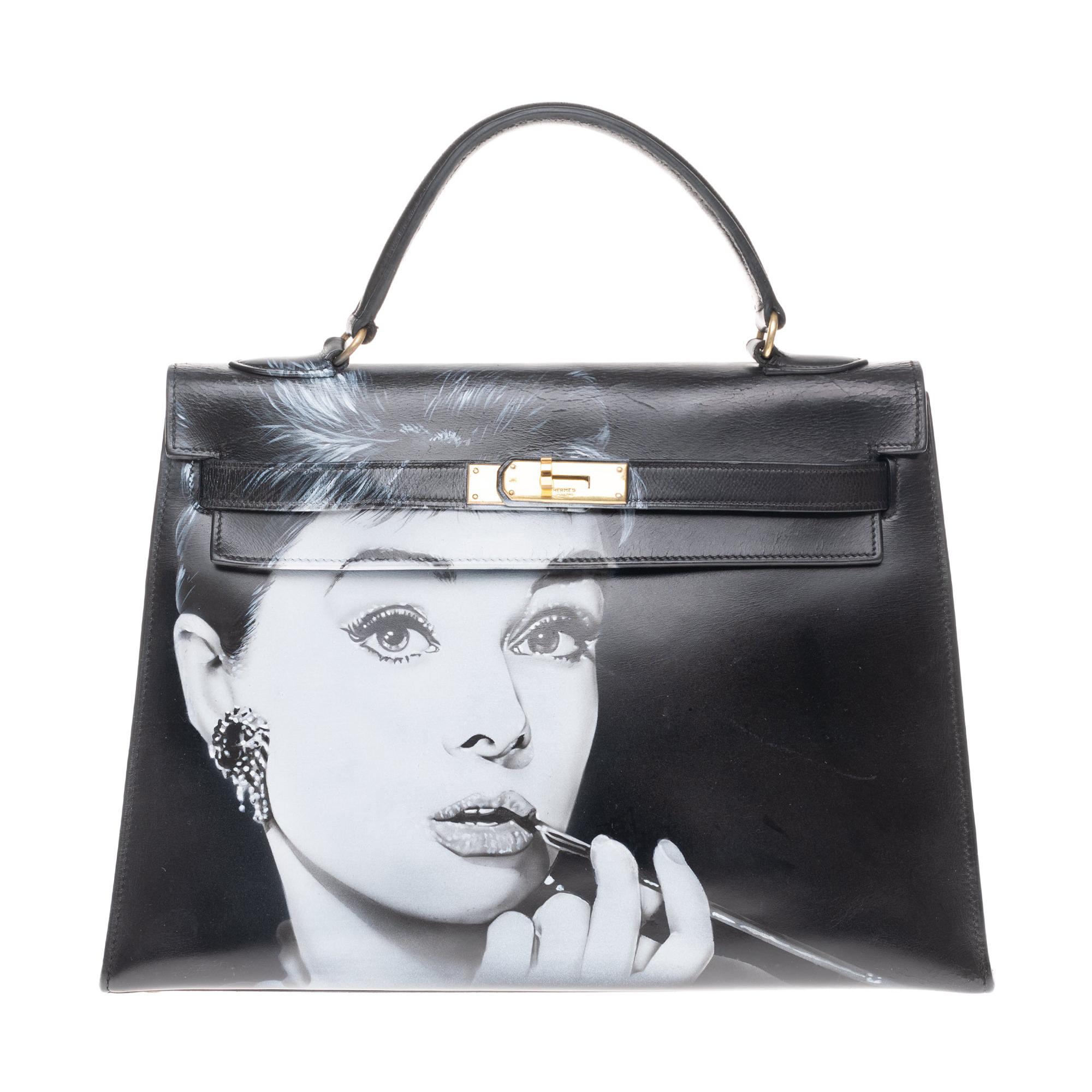 Amazing creation "Audrey Hepburn" on Kelly 32 cm handbag in black calfskin